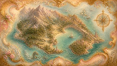 a map of an island realm with mountains, forests, a sheltered bay, sea monsters in the water and a compass rose, no text labels