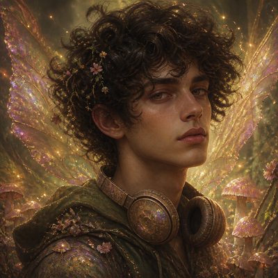 head-and-shoulders portrait of an original character: a young man with curly dark hair and headphones around his neck, plain backdrop, no text