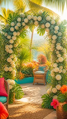 an arch of white roses and eucalyptus in soft morning light, elegant vertical composition with open space, no text