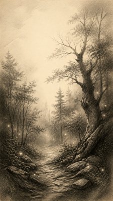 a mysterious forest path with fireflies and drifting mist, atmospheric vertical composition with open space at the top, no text