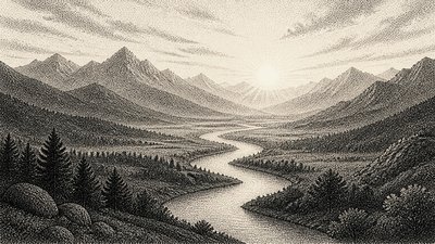 a vast valley with a river winding toward distant mountains at sunrise, no people, no text