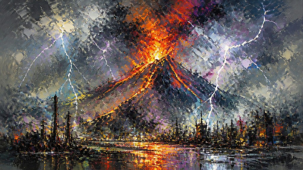 an erupting volcano with lightning strikes, dramatic wide composition, no text