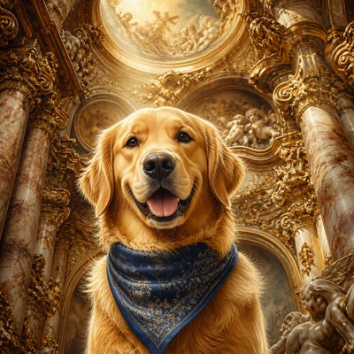 portrait of a golden retriever wearing a blue bandana, warm plain backdrop, no text