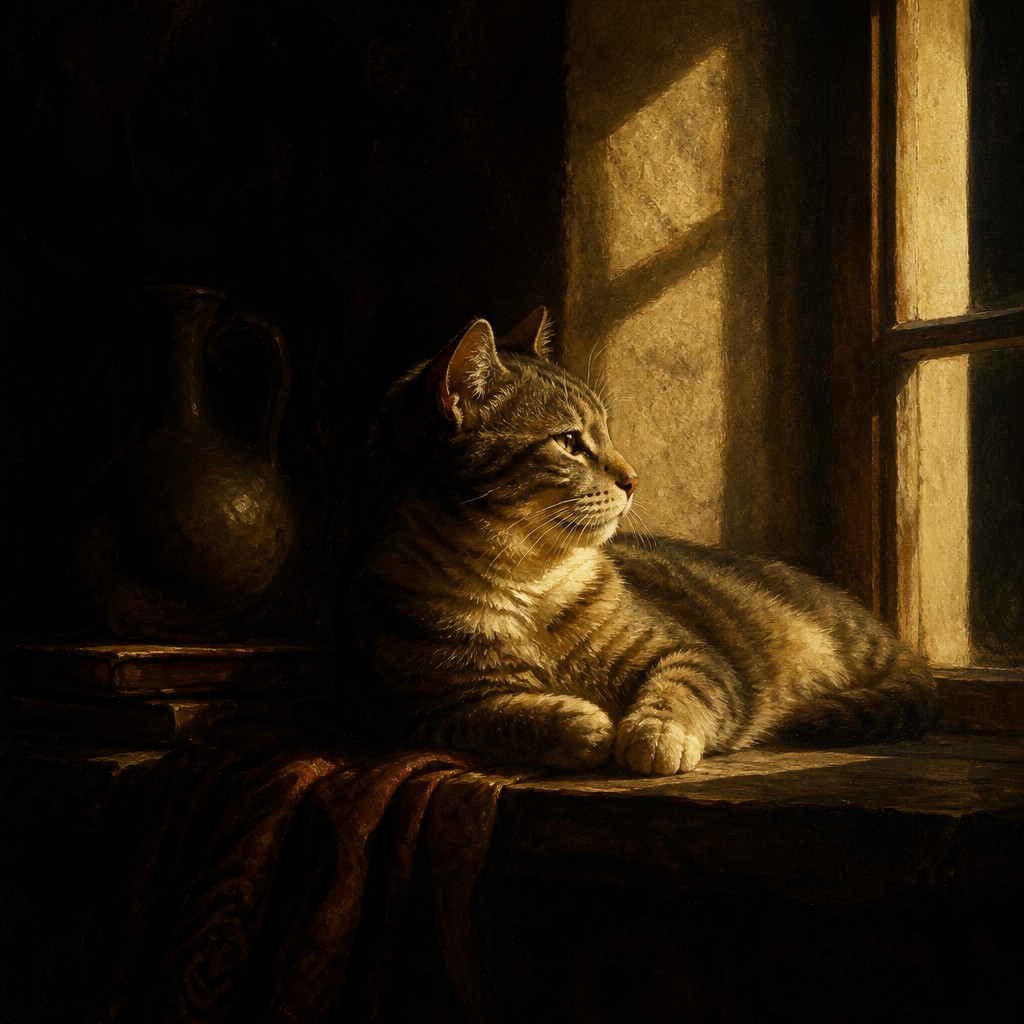 a cat lounging in a sunlit window — Chiaroscuro Painting Style