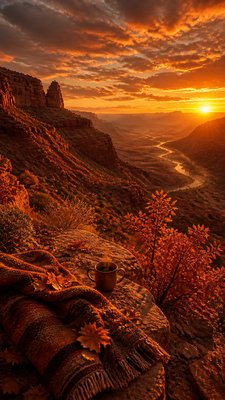 a desert canyon under a dramatic sunset sky, no people