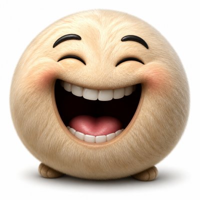 an exaggerated laughing face of an original round mascot character, bold and readable at small size, plain background, no text