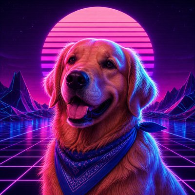 portrait of a golden retriever wearing a blue bandana, warm plain backdrop, no text