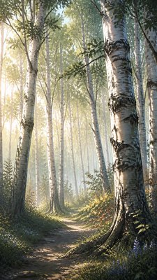 a serene birch forest in soft morning light, no people, no text
