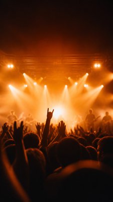 a live music scene with a glowing stage and silhouetted crowd, energetic vertical composition with open space at the top, no text