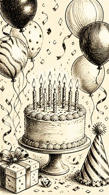 a birthday cake with lit candles surrounded by balloons and confetti, festive vertical composition, no text