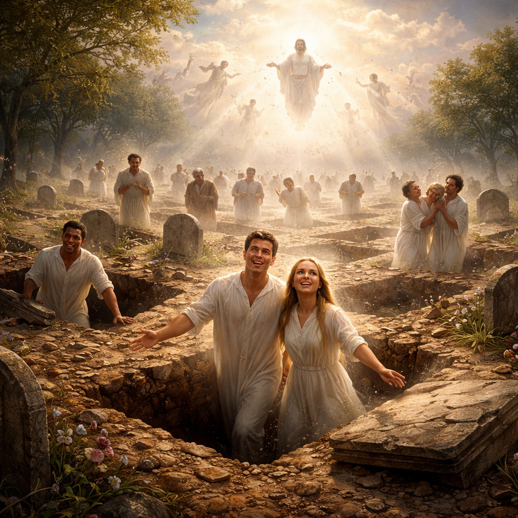 And this is the Father's will which hath sent me, that of all which he hath given me I should lose nothing, but should raise it up again at the last day.
(John 6:39 KJV) Focus on graves opened and joyous youthful looking people coming forth.