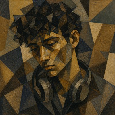 head-and-shoulders portrait of an original character: a young man with curly dark hair and headphones around his neck, plain backdrop, no text