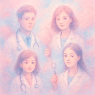 Generate obstetricus man, dermatologist, pediatrist girl, and dentistry girl in one abstract image