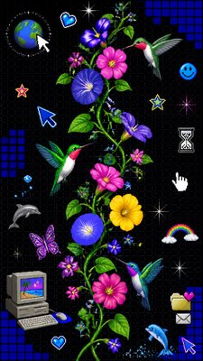 a climbing vine of flowers and hummingbirds on a dark background, tall wrapping composition, no text