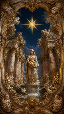 a robed figure pouring water beneath a large eight-pointed star in a night sky, symmetrical composition with an ornate decorative border, no text