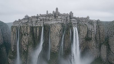 a cliffside city with waterfalls cascading into a misty canyon, wide establishing shot, no people, no text