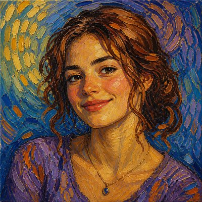 head-and-shoulders portrait of an original character: a young woman with wavy chestnut hair and a warm smile, plain soft backdrop