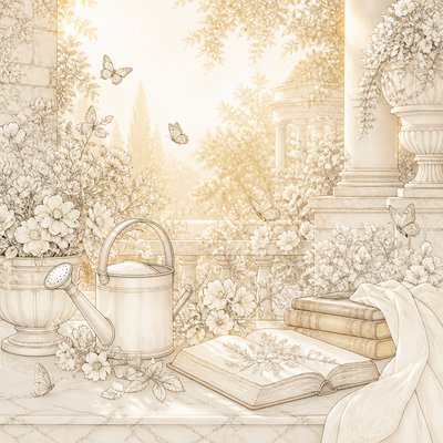 a garden scene with butterflies, flowers and a watering can, clean uncolored line art, no text
