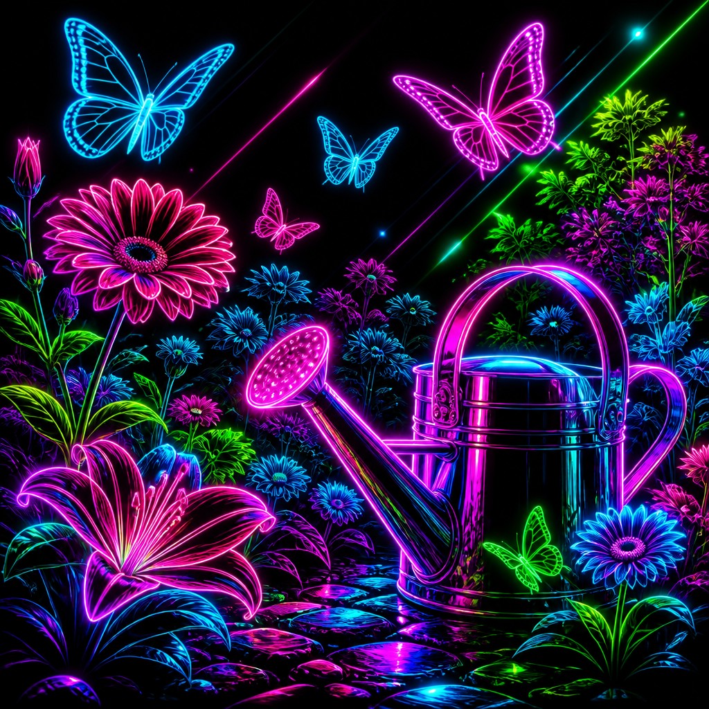 a garden scene with butterflies, flowers and a watering can, clean uncolored line art, no text