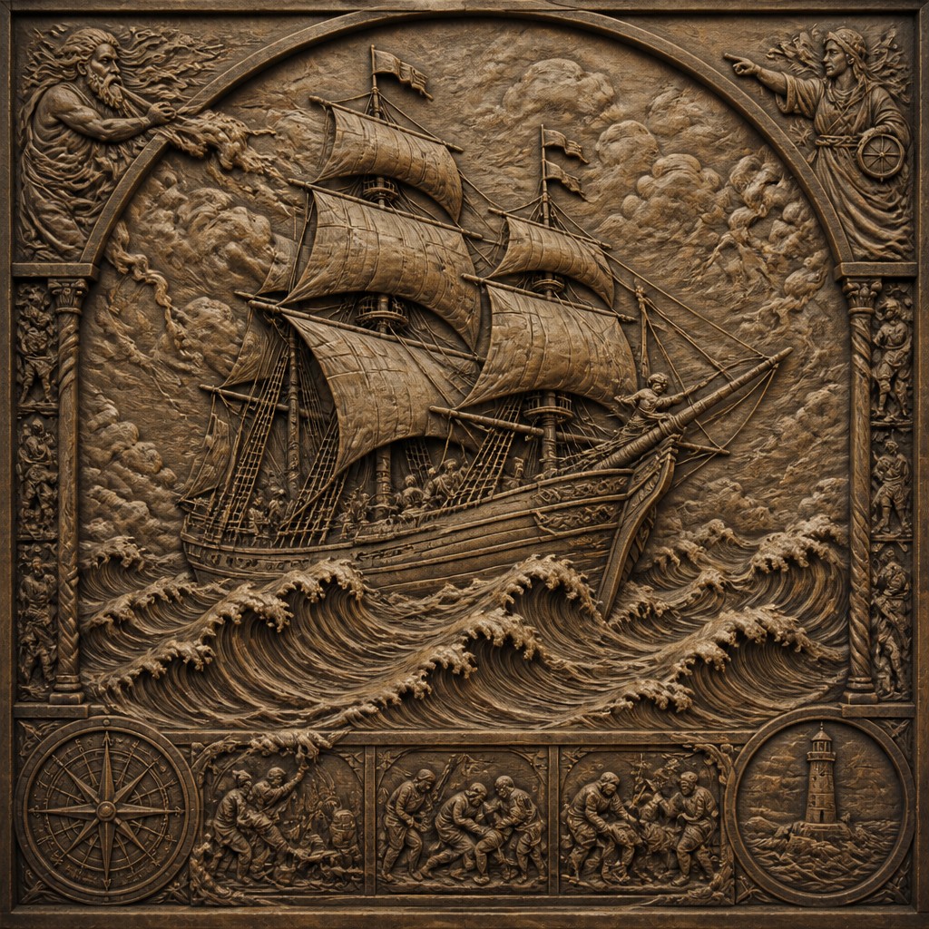 sailing ship on a stormy sea — Relief Carving Sculpture Style