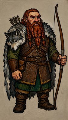 full-body original character: a dwarven ranger with a braided auburn beard, worn leather armor, a longbow and a wolf-pelt cloak, neutral background, no text
