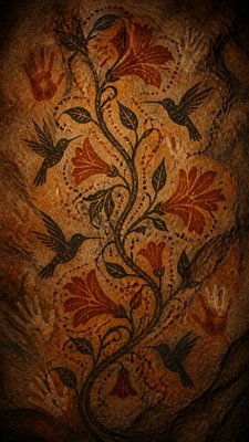 a climbing vine of flowers and hummingbirds on a dark background, tall wrapping composition, no text