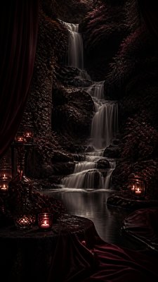 a cascading waterfall in a lush green gorge, no people
