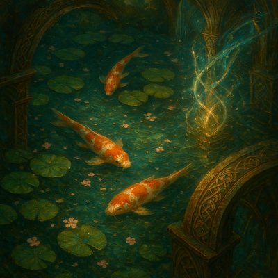 A koi pond seen from above, orange and white koi fish swimming among lily pads, clear water with subtle ripples, fallen cherry blossom petals floating on the surface, dappled sunlight