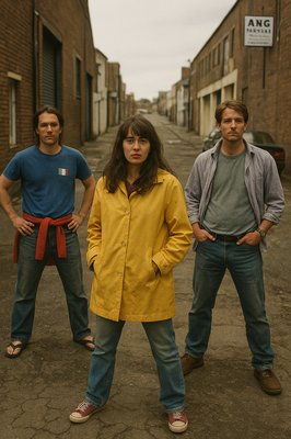 three men and a woman standing in an alley