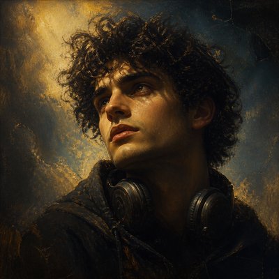 head-and-shoulders portrait of an original character: a young man with curly dark hair and headphones around his neck, plain backdrop, no text
