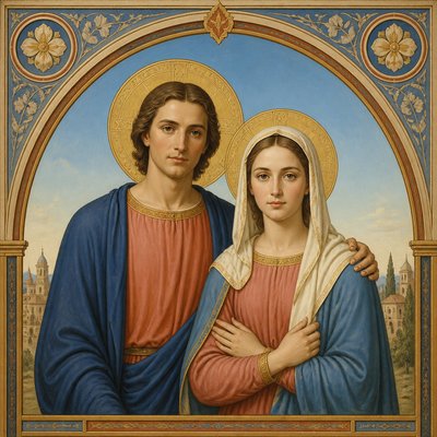 portrait of two people together — Nazarene Art Style
