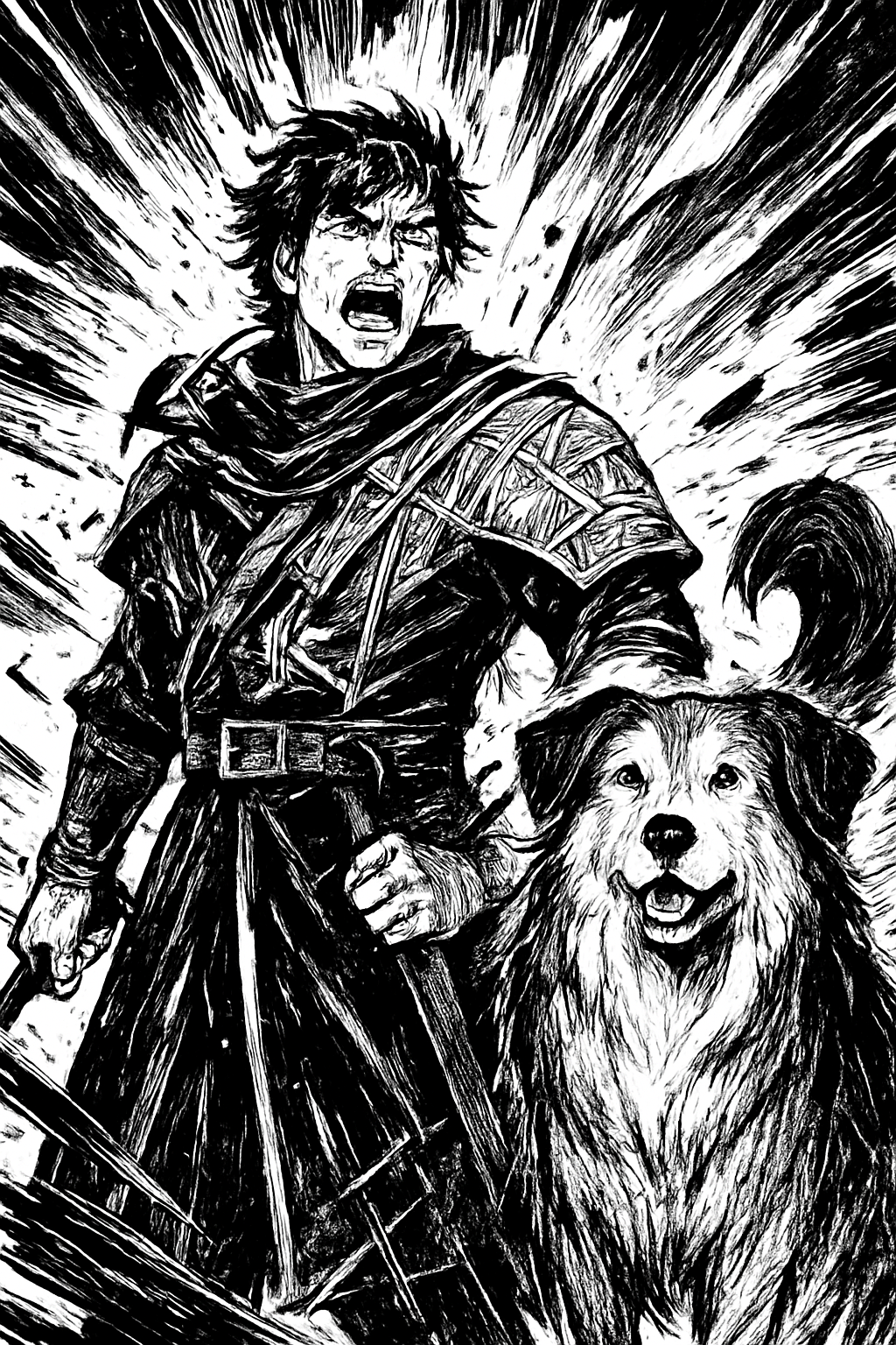a painting of a man and a dog