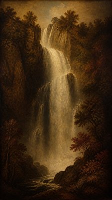 towering waterfall cascading down a cliff