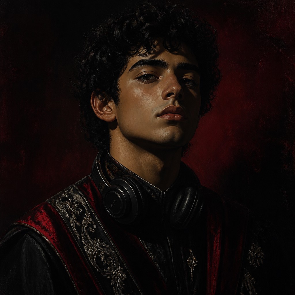 head-and-shoulders portrait of an original character: a young man with curly dark hair and headphones around his neck, plain backdrop, no text