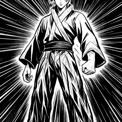 a black and white drawing of a man in a kimono