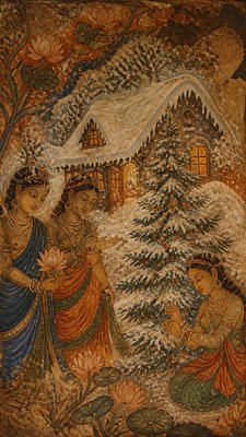 a snow-covered cottage with warm glowing windows beside a decorated pine tree, gentle snowfall, no text