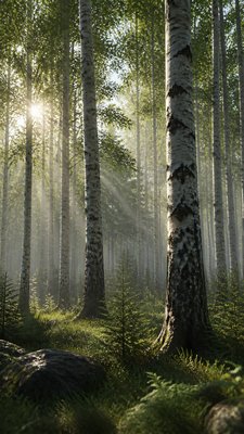 a serene birch forest in soft morning light, no people, no text