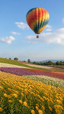a hot air balloon drifting over rolling flower fields on a sunny day, cheerful, no text