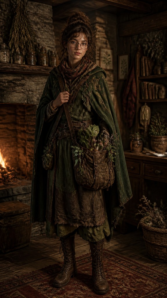 full-body original character: a wandering botanist with a satchel of plants, a patched green cloak, tall boots and round glasses, neutral background
