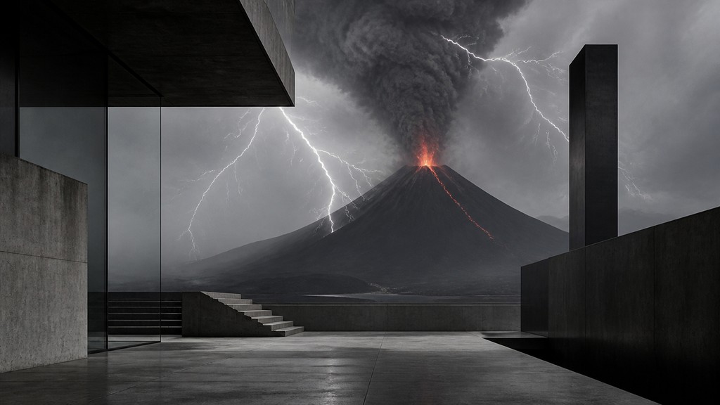an erupting volcano with lightning strikes, dramatic wide composition, no text