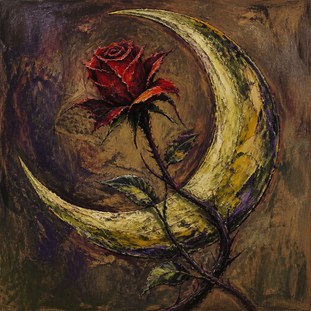 a rose entwined with a crescent moon, clean balanced composition on a plain background, no text