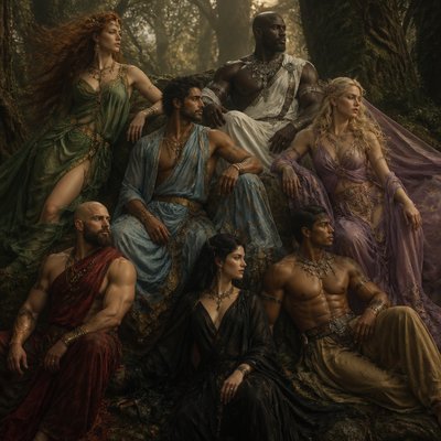 Je veux que tu me fasses des divinités au pluriel, un peu genre ancien très majestueux, mais qu'il soit pas genre vieux genre vers les 40 ans, on commence avec une temme, les cheveux roue, les yeux verts, elle est blanche elle est habillé en voile vert avec des bijoux doré, ensuite un brin, les cheveux un peu noir, genre vraiment cour, il a l'air un peu perse iranien, musclé il est habillé en bleu ciel avec un peu de doré. Un autre homme noir hyper grand et muscles genre enorme . Habillé en blanc et argenté. enfin une femme rose pourpre ou violet claire qui est blonde et or rose ou argenté. Enfin un homme habillé en rouge sombre. Il est blanc le crane rase et une barbe, il est musclé et sa tenue est sans manche. Et une femme blanche habillé en noir les cheveux noir et un homme qui a l’air amérindien il a les cheveux court et il est habillé en marron beige et argenté il est musclé et sans tee shirt genre juste le pantalon Je veux vraiment qu’ils aient 40 ans et qu’il y ait une Vibe de Dieu ancien. Je veux vraiment que qu’on ait l’impression qu’il se repose genre qu’ils sont posés le vent vers les cheveux comme s’il était dans une bande bizarre, et je veux que les couleurs soient pas très agressives, genre qu’elles soient hyper hyper terne. La soie, un duo des voiles.