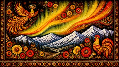 a flowing aurora over snowy peaks, wide sweeping composition, no people, no text