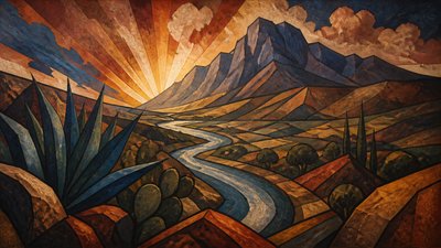 a vast valley with a river winding toward distant mountains at sunrise, no people, no text