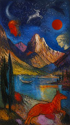 a tranquil mountain lake beneath a starry night sky, no people, no text