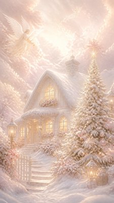 a snow-covered cottage with warm glowing windows beside a decorated pine tree, gentle snowfall, no text