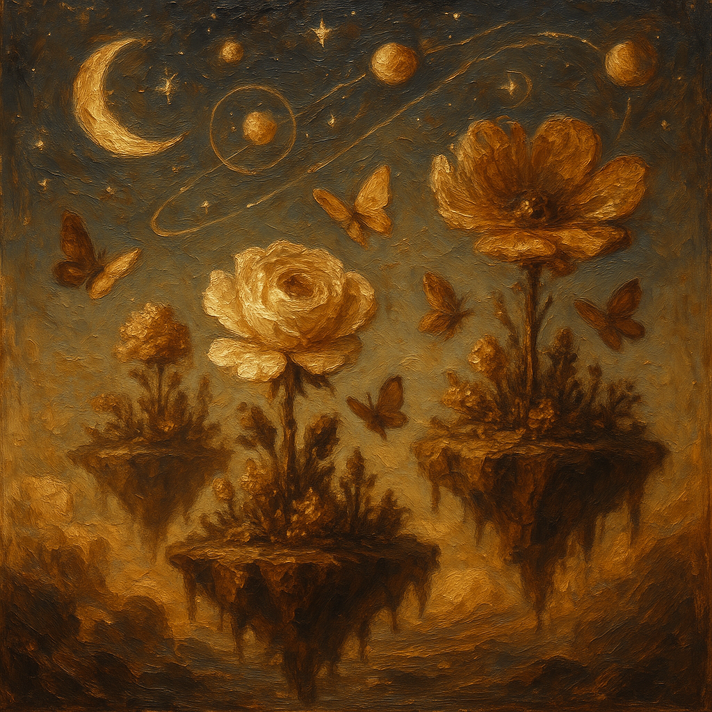 Floating islands with lush, fantastical flora
• Celestial skies filled with moons, stars, and planetary orbits
• Oversized flowers as emotional anchors or portals
• Butterflies as messengers, memory-keepers, or guides
• Dreamlike color palettes: soft pinks, deep blues, radiant whites
• Gravity-defying compositions and layered atmosphere
Using psychedelic art and impasto style art