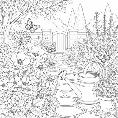 a garden scene with butterflies, flowers and a watering can, clean uncolored line art, no text