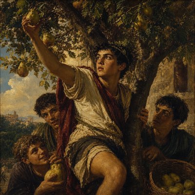 Augustine of Hippo in his teenage years stealing pears from a tree with a group of his friends