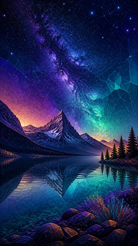 a tranquil mountain lake beneath a starry night sky, no people, no text